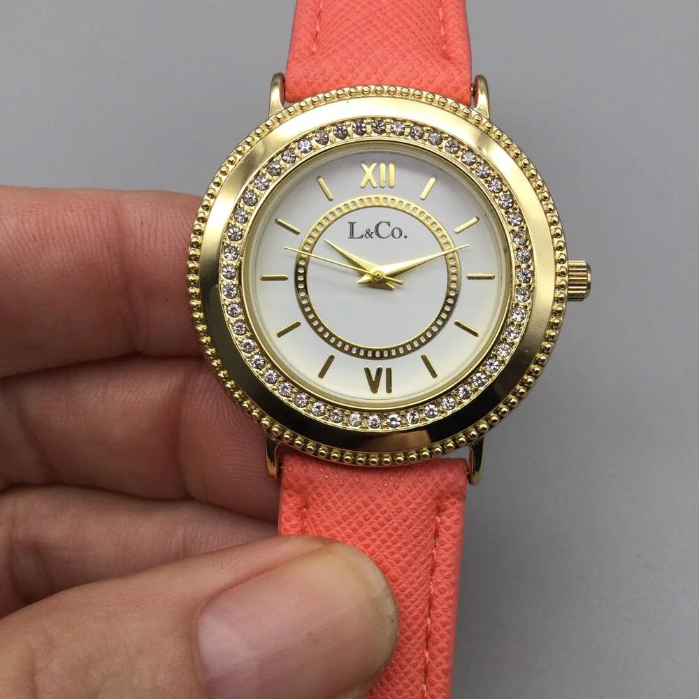 L&Co Womens Watch 36mm White Dial Gold Tone Pink Strap Crystals New Battery